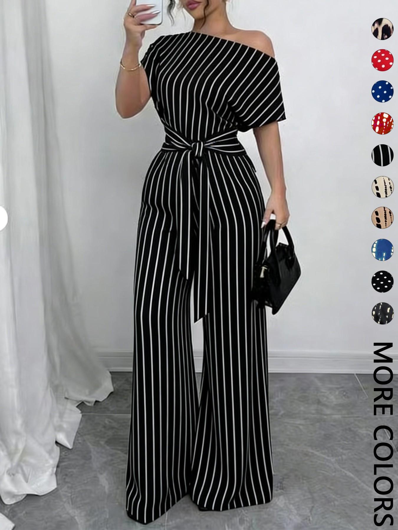 Women's All Over Print Tie Front Jumpsuit, Casual Asymmetrical Neck Jumpsuit for Spring & Fall, Women's Clothes for Daily Wear