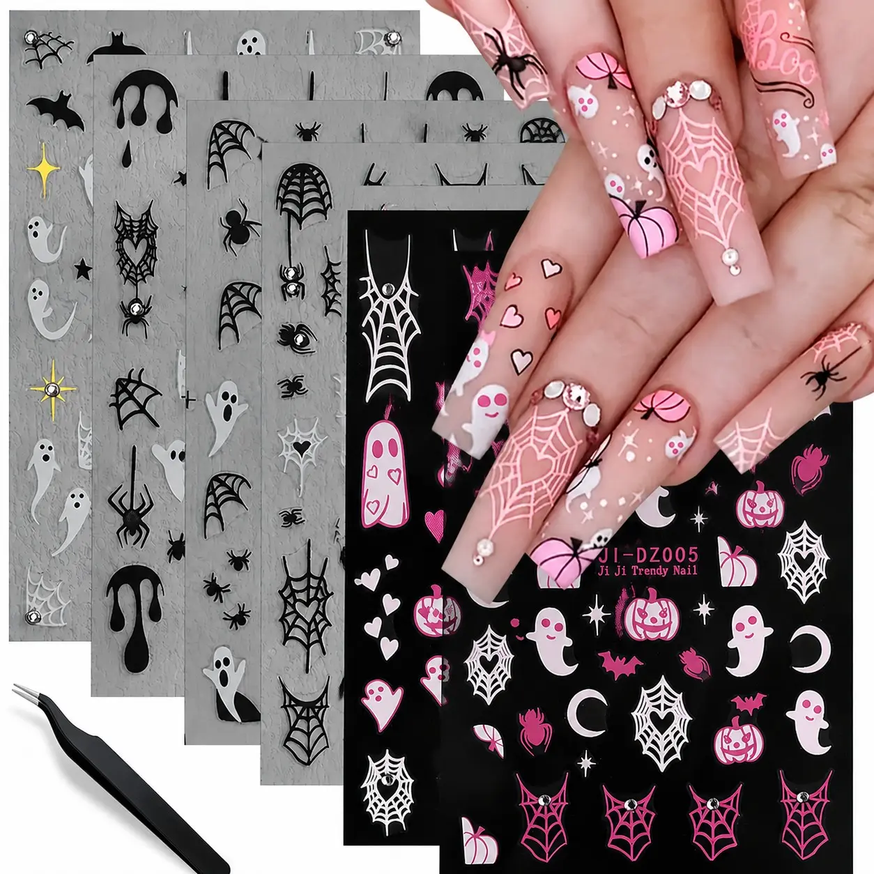 6PCS 3D Halloween-Themed Nail Stickers Set With tweezers, Designs of Ghosts, Spiders, Skulls, Webs, Bats, And Pumpkins Adorned, Self-Adhesive Y2K Decals for DIY Manicure, Halloween Decorations
