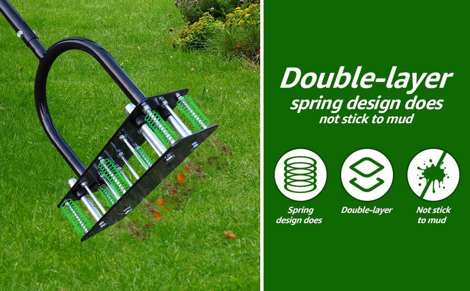 【FathersDayGift】RIFPOD Lawn Aerator - Aerator Lawn Tool, Automatic Dirt and Leaf Clean Design, Heavy Duty Manual Lawn Aerator Tool with 15 Iron Spikes, Height Adjustable, Yard Grass Aerator for Lawn (Black)