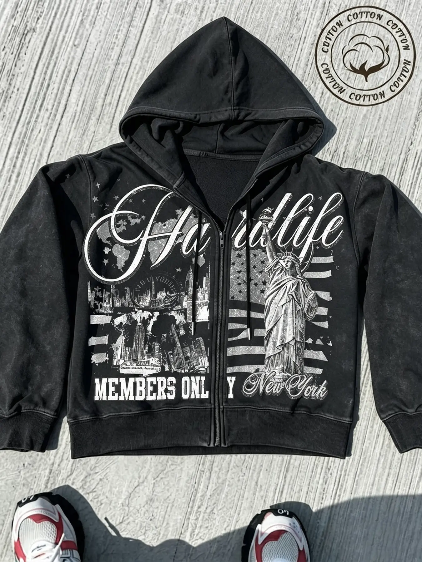 Y2K Vintage Washed Drop Shoulder Men's Pullover Hoodie, Statue of Liberty Print, Breathable Cotton, Streetwear, Spring Fall