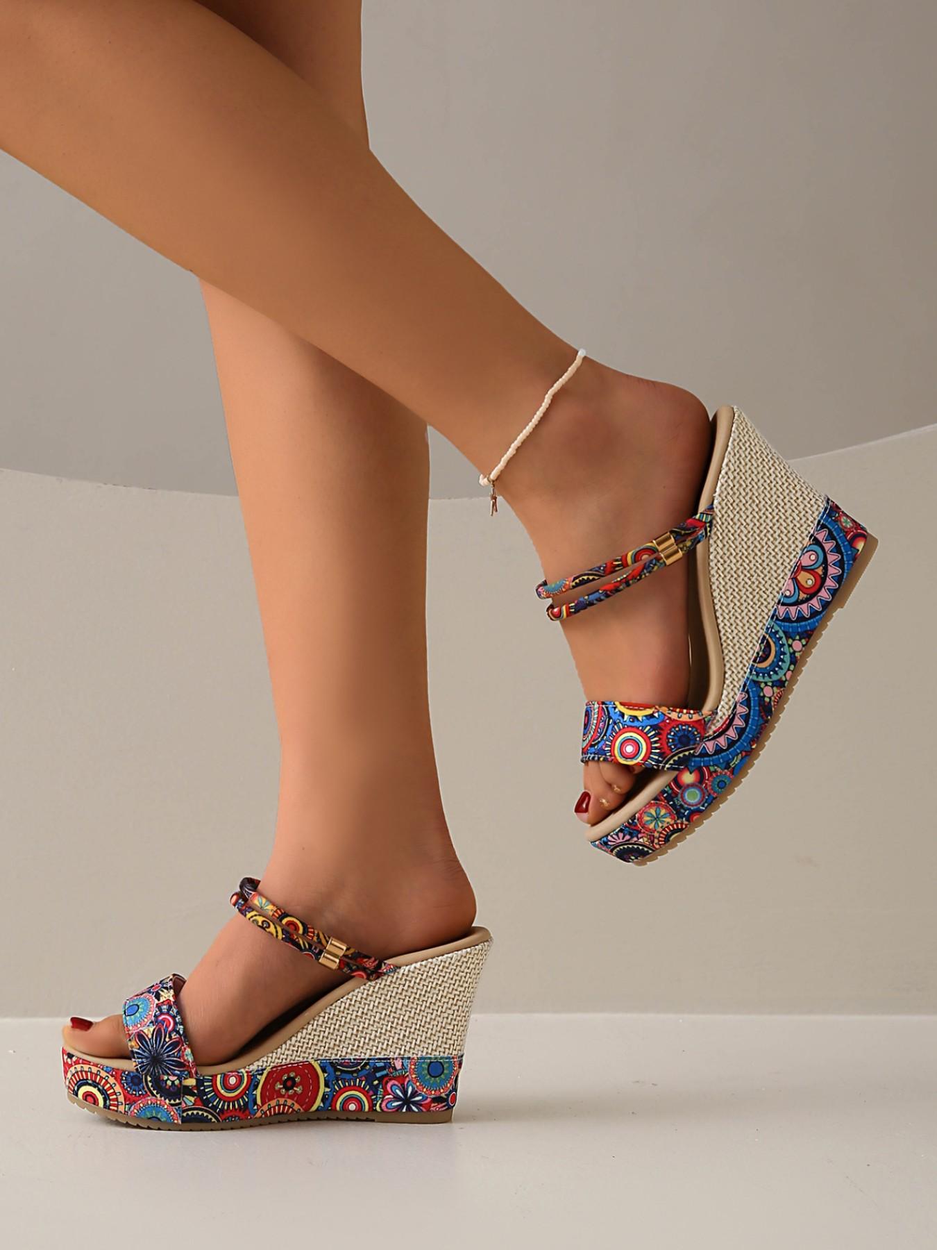 Women's Boho Ethnic Print Wedge Sandals, Dual Strap Fit, Open Toe Breathable, Heel Lift, Versatile for Vacation/party/daily Wear