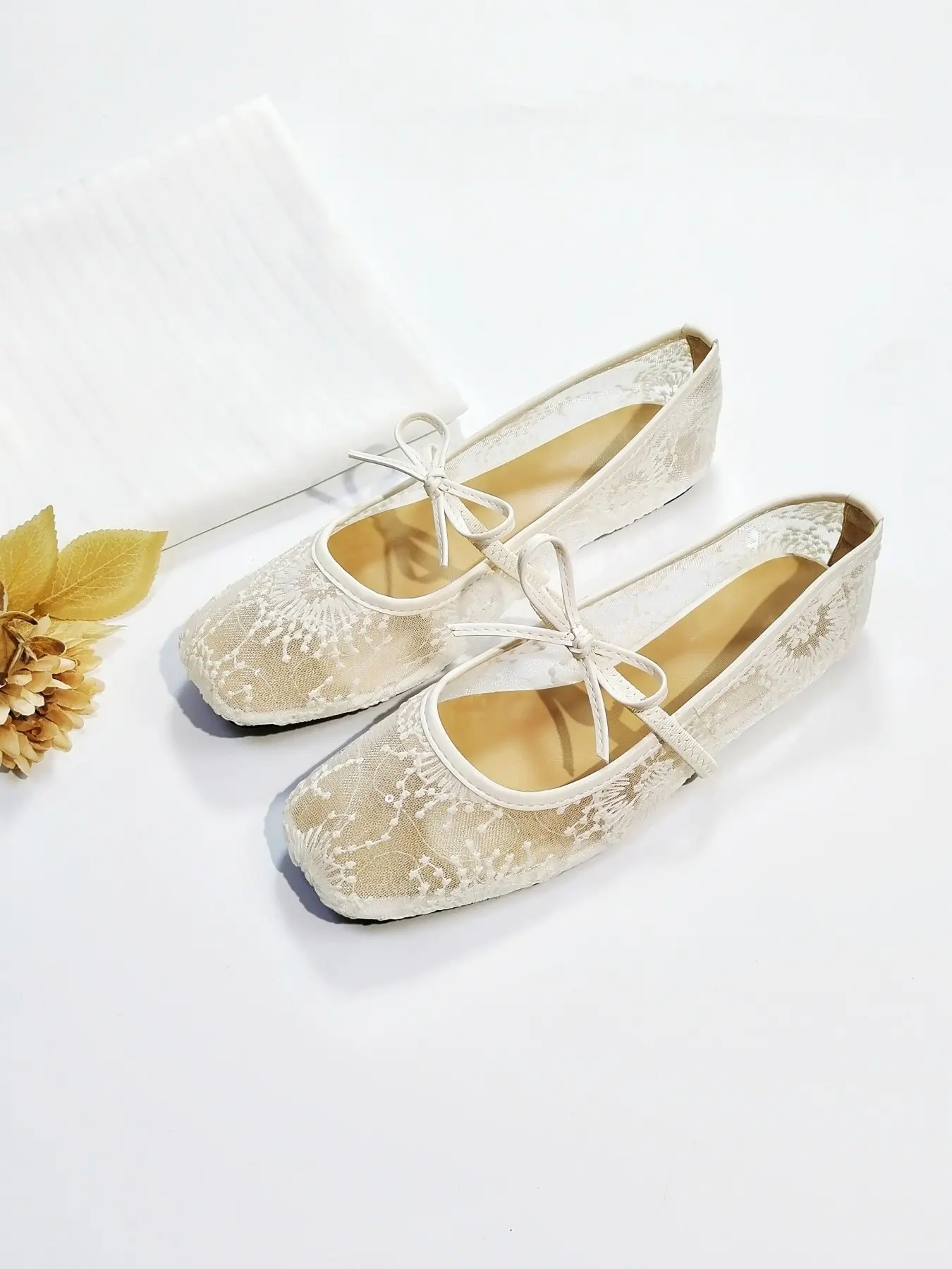 Women's Mesh Sequin Mary Jane Ballet Flat Sandals, Hollow Design Bow, Casual Spring & Fall, Textile Upper, Rubber Sole, Preppy Style, Ballerina Flats, Flat Shoes
