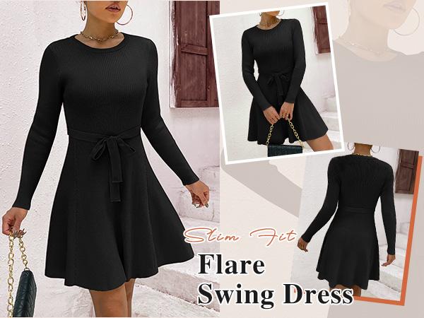 HOTOUCH Women's Long Sleeve Dress Crewneck Pullover Sweaters A-Line Casual Swing Dress Bodycon Dress with Belt Fall&Winter New Arrivals