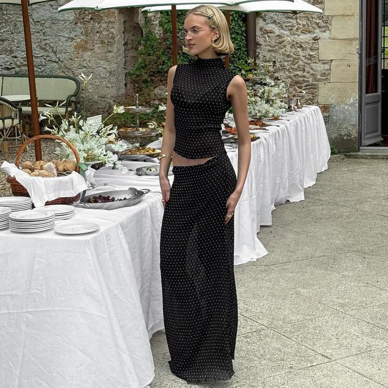 Women Summer Sleeveless Tank Top Long Skirt Polka Dot Mesh Two Piece Set Outfit