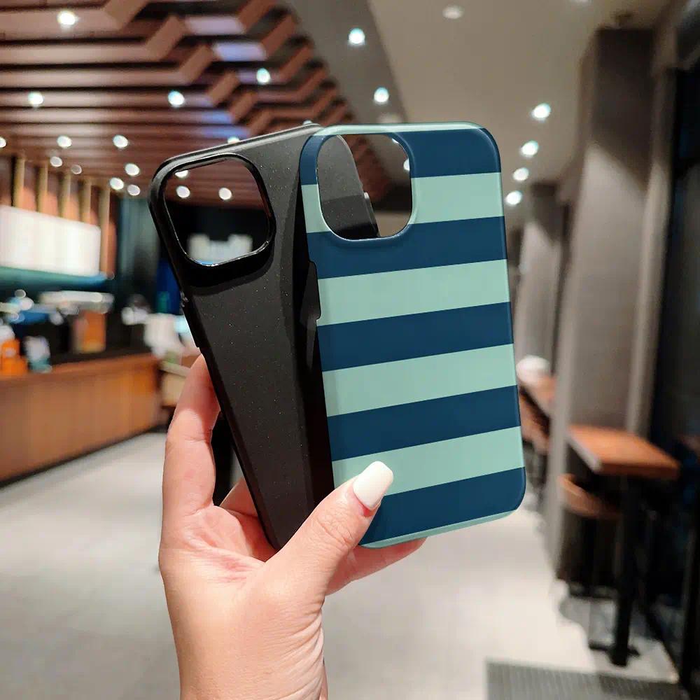 Vintage Fantasy Teal-Navy Horizontal Stripe 2-in-1 Glossy Film Silicone Phone Case - Multi-Model Shockproof Anti-Scratch TPU Cover for iPhone 17 Air E,16,15,14,13,12,11 Pro Max Plus & Samsung Galaxy S24 Plus,S25,S22+ Ultra FE Edge with Enhanced Protection