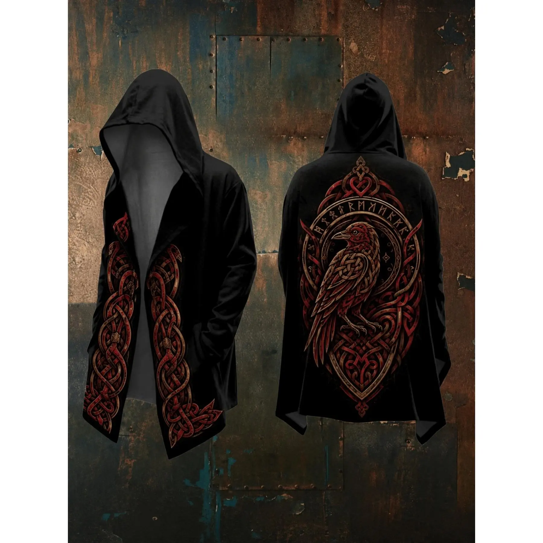 Men's Viking Pterodactyl Rune Long Hooded Open-Front Cloak, Multi-Color 3D Printed Nordic Viking Compass Celtic Tribe Open-Front Jacket with Pockets, Dark Gothic Punk Oversized Medieval Halloween Role-Playing S