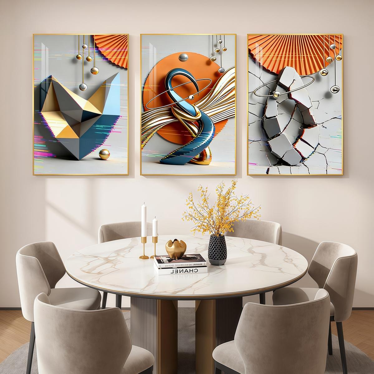 3 Counts Aluminum Alloy Framed Painting, Modern Geometric Abstract Art Pictures, Home Decoration For Living Room, Bedroom, Office, Restaurant, Hallway Wall Decor, Odorless Print Artwork, Luxury Perfect Gift For Friends And Family