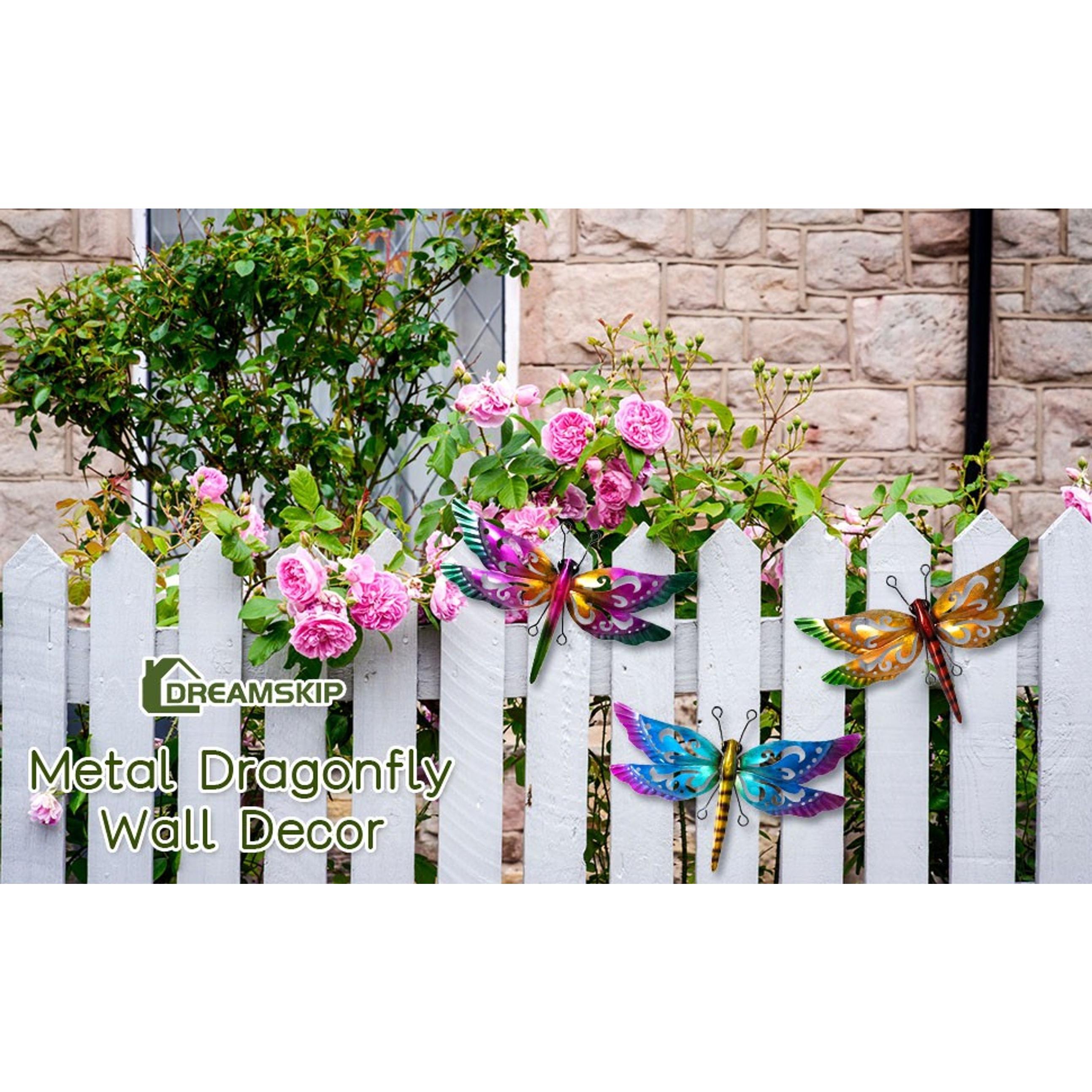 Dragonfly Garden Decor, 3 Pack Colorful Metal Dragonfly Wall Decor, Outdoor Decor Art for Patio, Yard, Fence, Garden, Outside, Backyard, Balcony