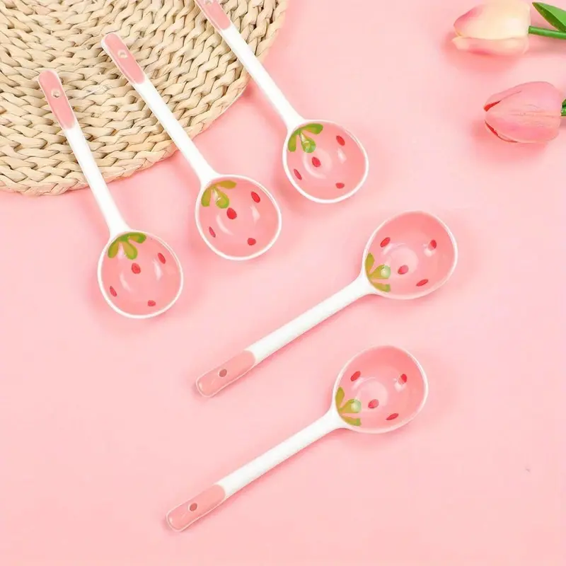 5Pcs Cute Pink Strawberry Ceramic Spoons with Long Handle & Hanging Hole, Hand-Painted Porcelain Soup Dessert Spoons for Ice Cream Cereal Yogurt