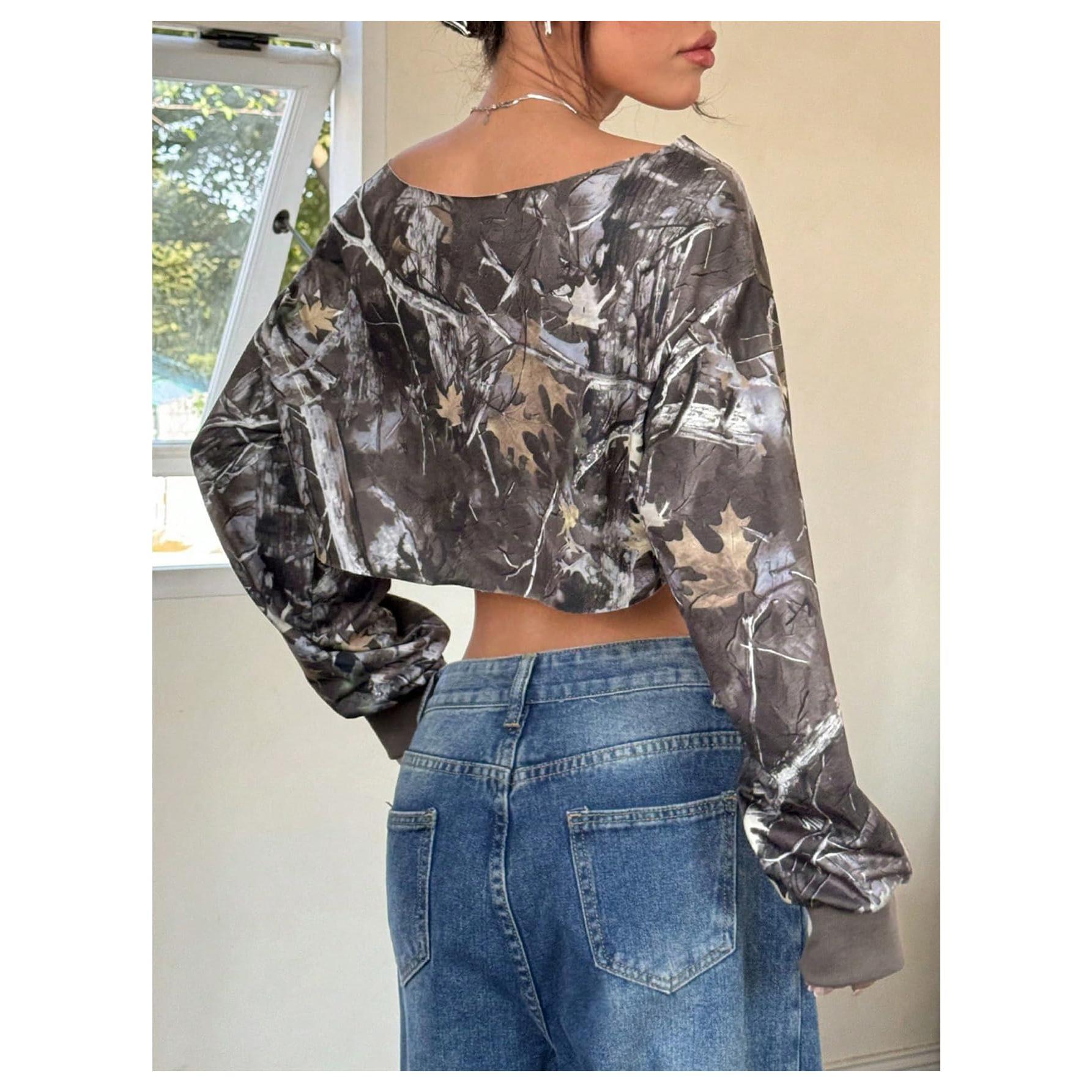Spring Camo Sweatshirt Off the Shoulder Long Sleeve Asymmetrical Neck Y2k Pullover Crop Tops Streetwear