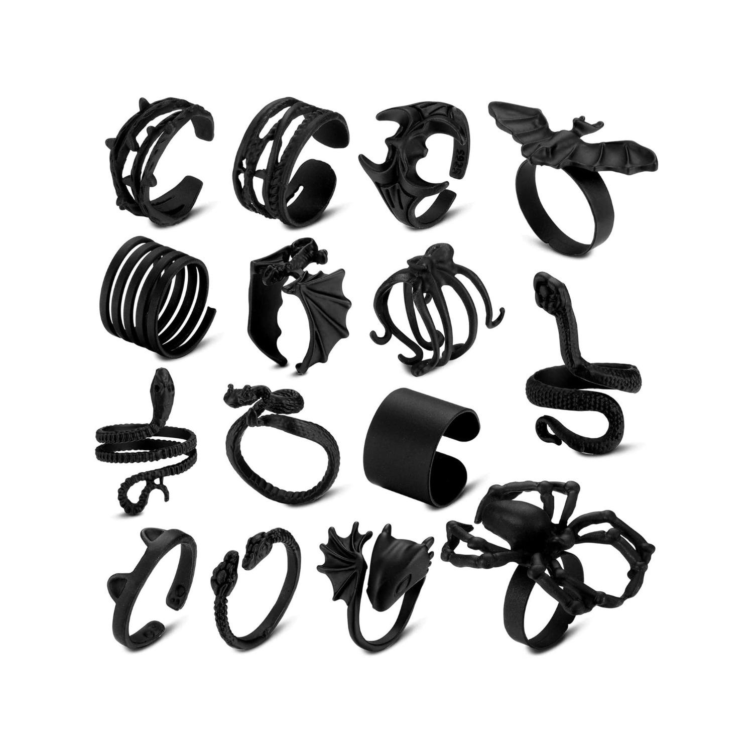 15 Pcs Black Rings Set for Women Girls Snake Bat Devil Wing Spider Rose Cool Punk Gothic Rings Stacking Vintage Midi Black Adjustable Rings