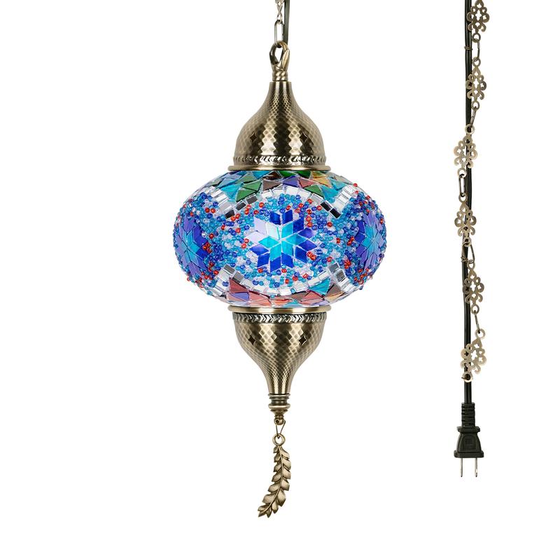 Yarra-Decor Turkish Moroccan Pendant Hanging Light with 15feet Cord Tiffany Style Mosaic Ceiling Lamp for Bedroom Blue Crystal North American Plug Decorative Lighting Home Lighting Led Lighted