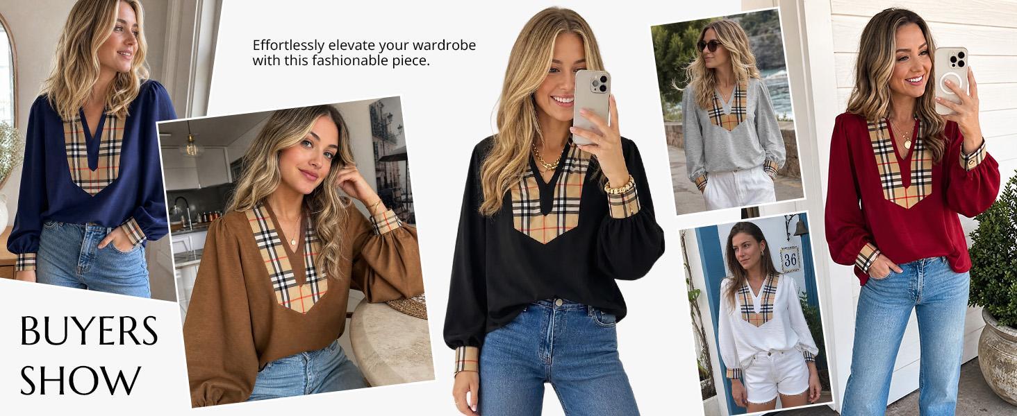 Cicy Bell Womens Puff Long Sleeve Blouse Casual Dressy Color Block V Neck Plaid Tops Loose Fit Shirts