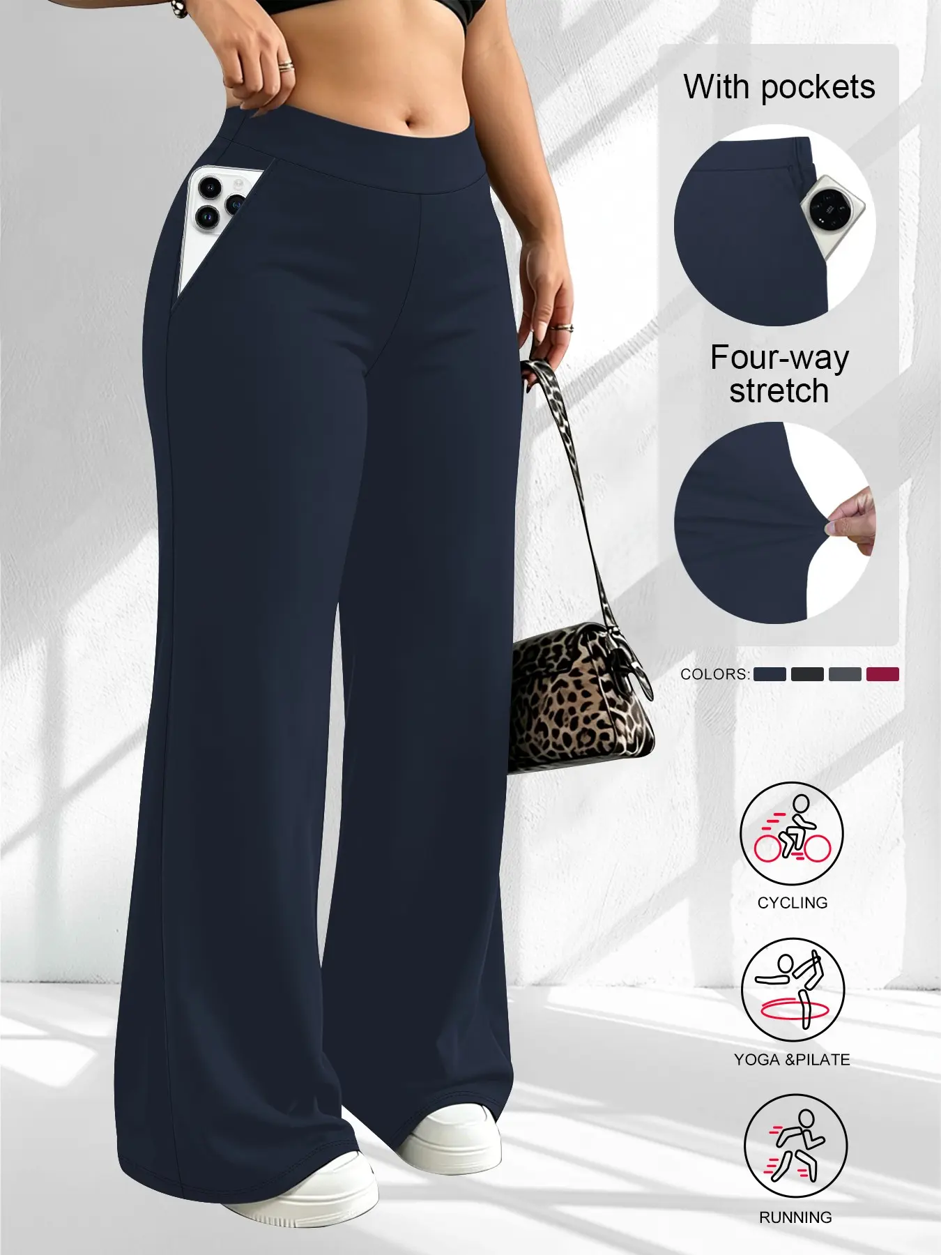 Plus Size Women's Solid High-Waisted Wide Leg Pants, with Pockets, Fashionable Comfortable Stretch, Suitable for Office and Daily Wear