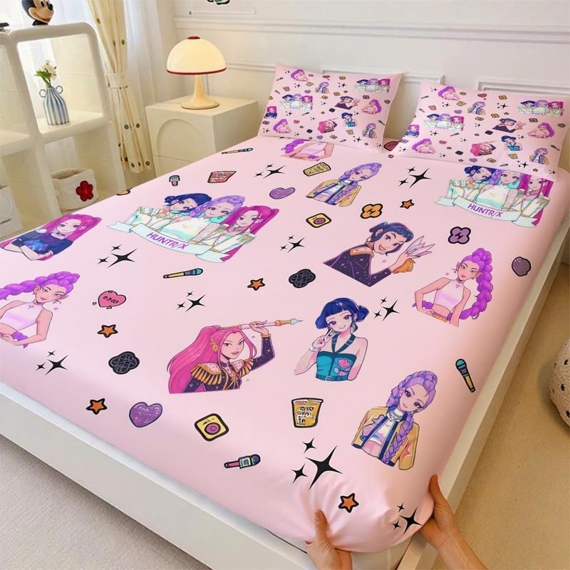 K-Pop Demon Hunters Fitted Sheet Set, Decorative Bedsheet Sets, 1 Fitted Sheet and 2 Pillowcases Without Inner Core, Fashionable Girl Group and Star Magic Element Bedding, Soft Breathable Fabric, Ideal for Bedroom and Dormitory Use #TOP PICKS