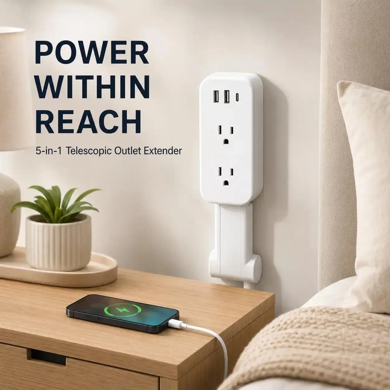 5-in-1 Telescopic Arm Outlet Extender, 22-34 in Adjustable Power Strip with 2 AC Outlets, USB Multiport, 180° Rotating Plug for Bed, Office