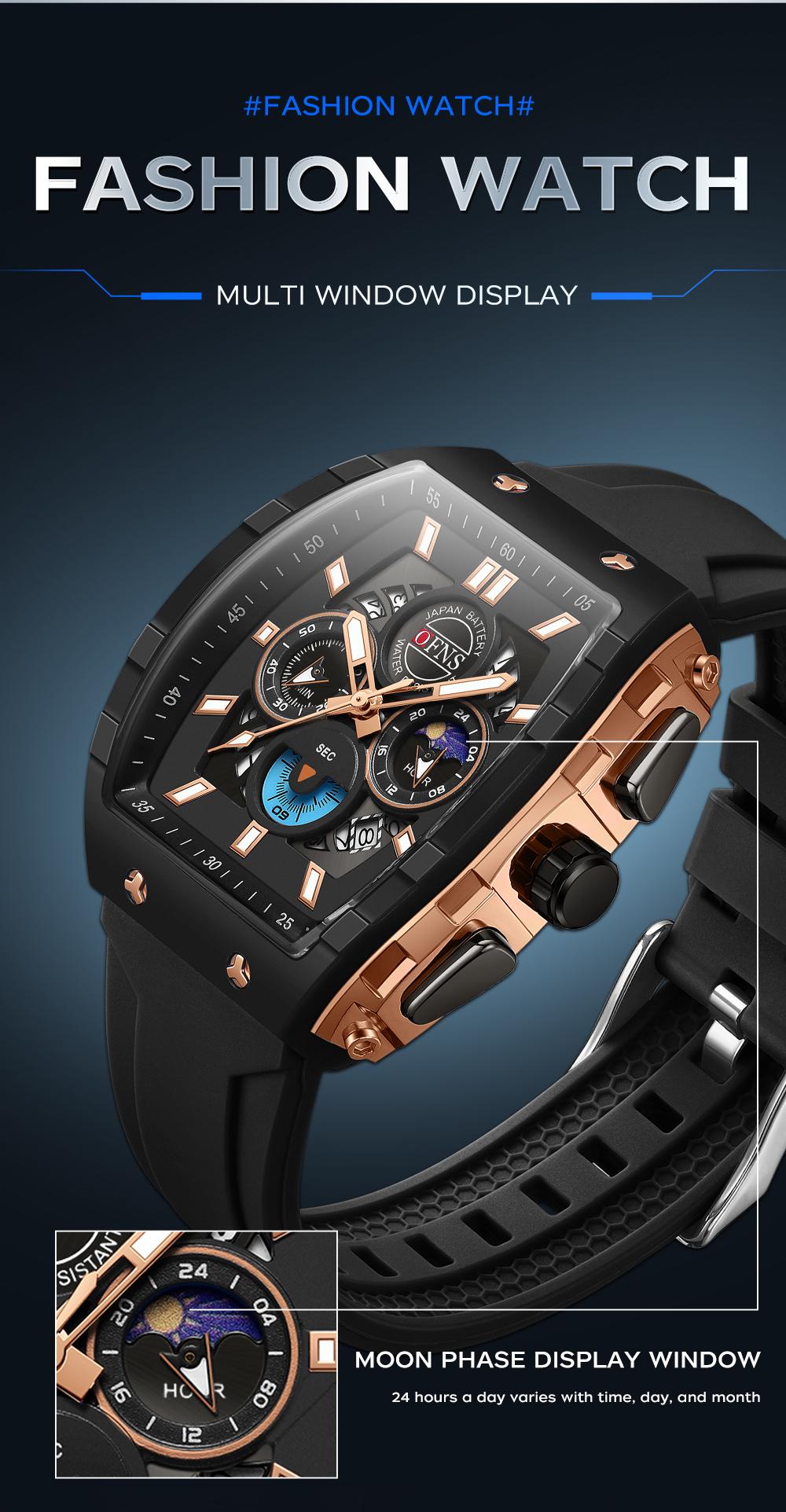 OFNS Quartz Watches for Men Luminous Analog Watch Waterproof Chronograph Calendar Silicone Strap Outdoor Sports Watch, Multifunctional Watch, for Party, Daily Decor & Gift with Box detail 12