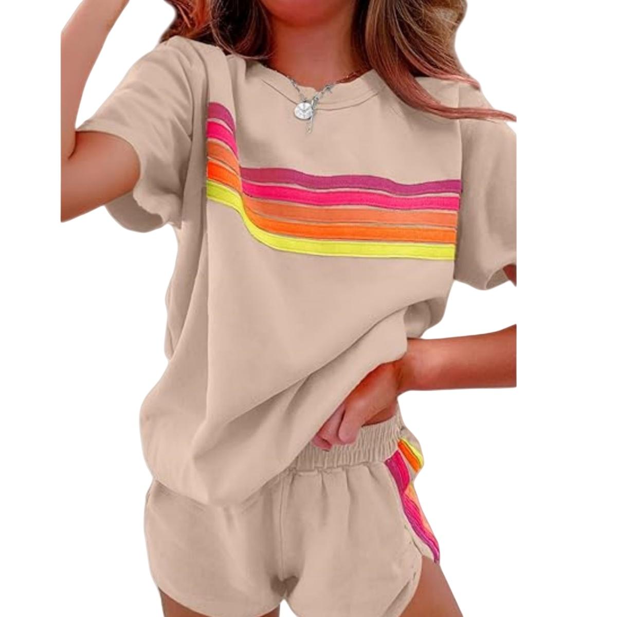 Women's Short 2-Piece Rainbow Strip Outdoor Sportswear Set - Loose Fit Crop Top & Bottoms, Solid Round Neck, Short Sleeves, Lightweight Breathable Blend Clothing, Baby Blue, Baseball Use, Light Spandex Women's Clothes tiktokshopspringglowup, 2 Piece Sets,