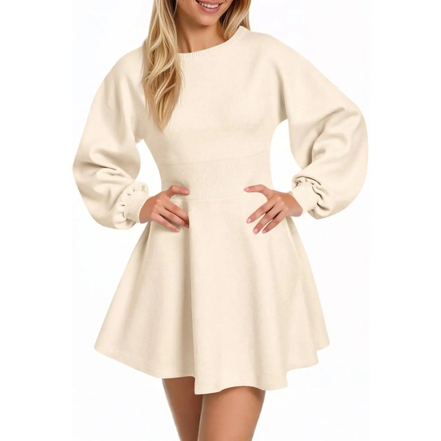 Imily Bela Womens Puff Long Sleeve Sweater Dresses Casual Trendy A-Line Short Mini Dress Fall High Waisted Skater Dress