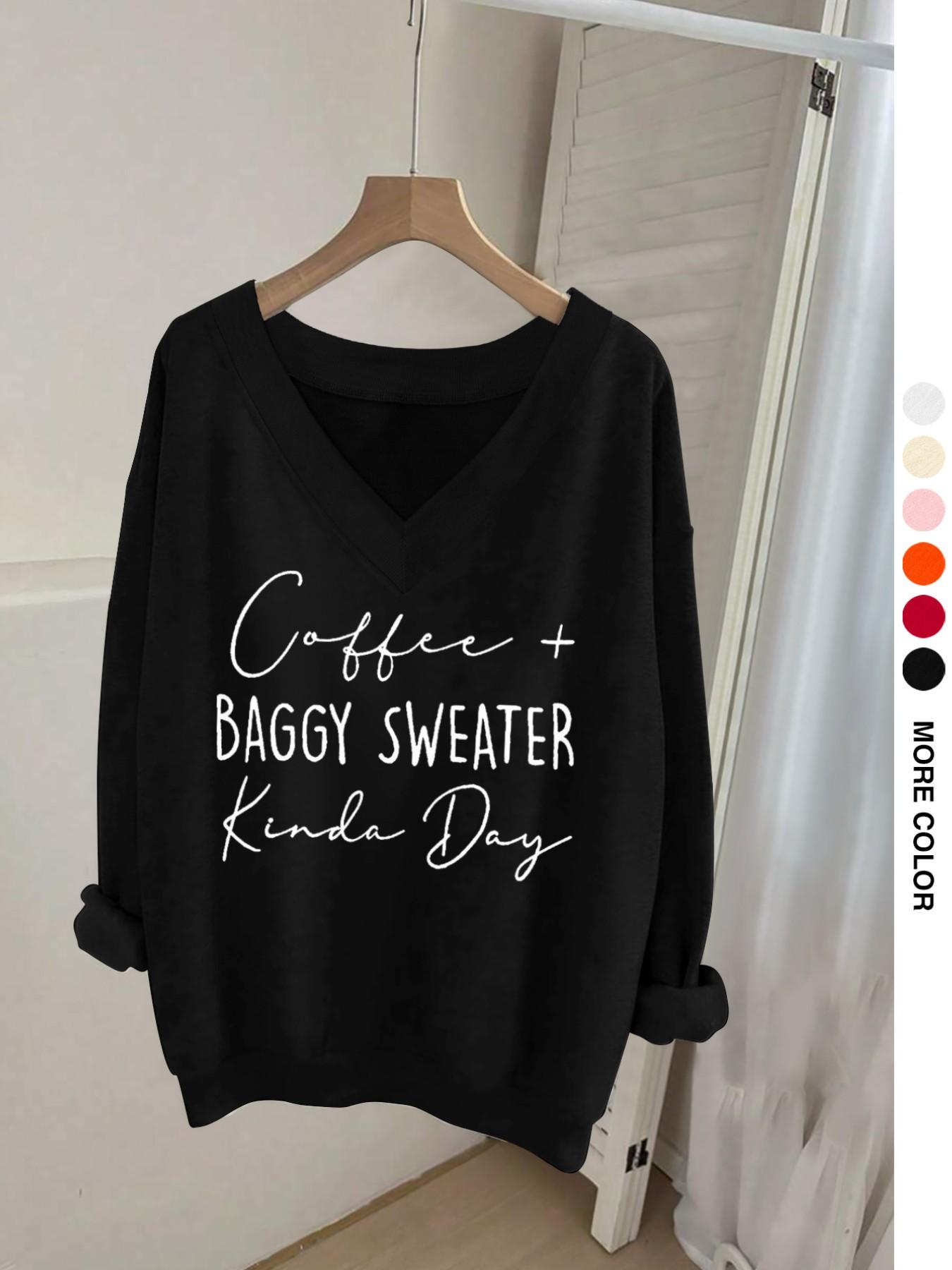 Casual Women's Long Sleeve V Neck Sweatshirt with Fun Letter Print, Elegant Ribbed Hem Fashion for All Seasons, Perfect for Fall and Winter, Lady Womenswear