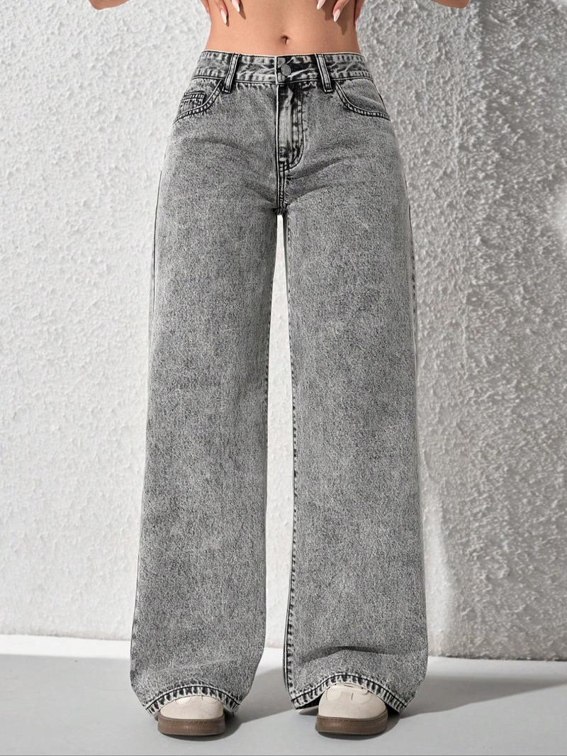 Women's Mid-Waist Wide Leg Straight Jeans, Trendy Coffee Casual Fashion, Zipper Fly, Pockets, All Seasons