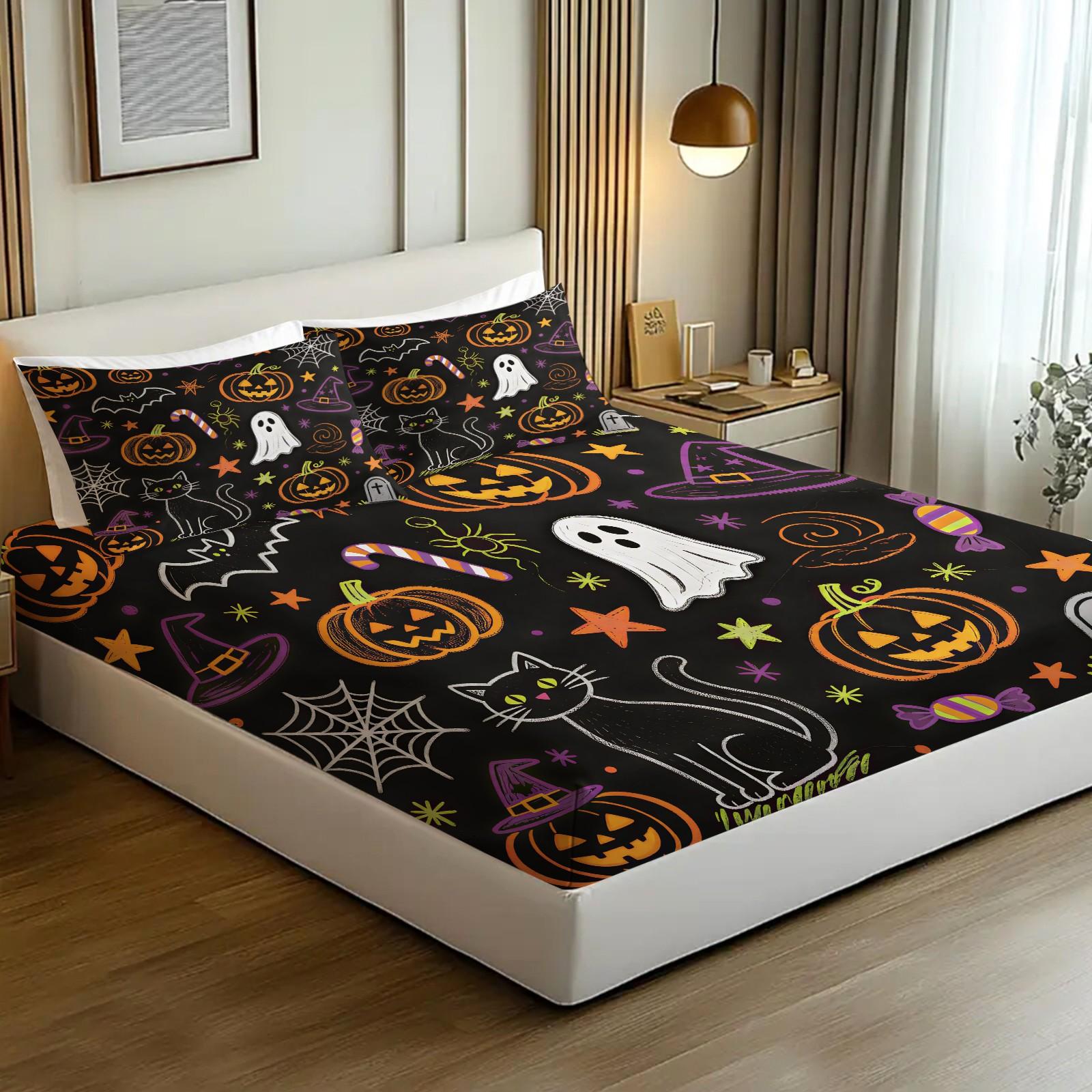 3Pcs Watercolor Halloween Pumpkin Ghost HD Digital Print Fitted Sheet Set, Washable Hypoallergenic Deep Pocket Mattress Cover For Edgy Girls All Season Dark Style Bedroom Decor, Polyester Bedding Set, Bed Sets Supplies