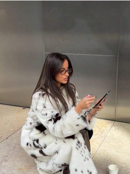 Women's Y2K Faux Fur Coat, Long Loose Winter Jacket, Spotted Animal Print Plush Outerwear, Street Style Luxury Warm Overcoat