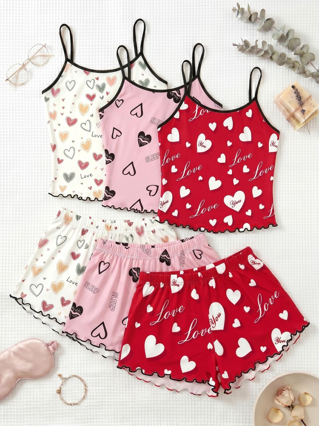 Cherry Print Halter Short Pajamas Set, Trim Ruffle Design, Sweet Cool Girl Style, Breathable Home Sleepwear, 3-Piece Combo