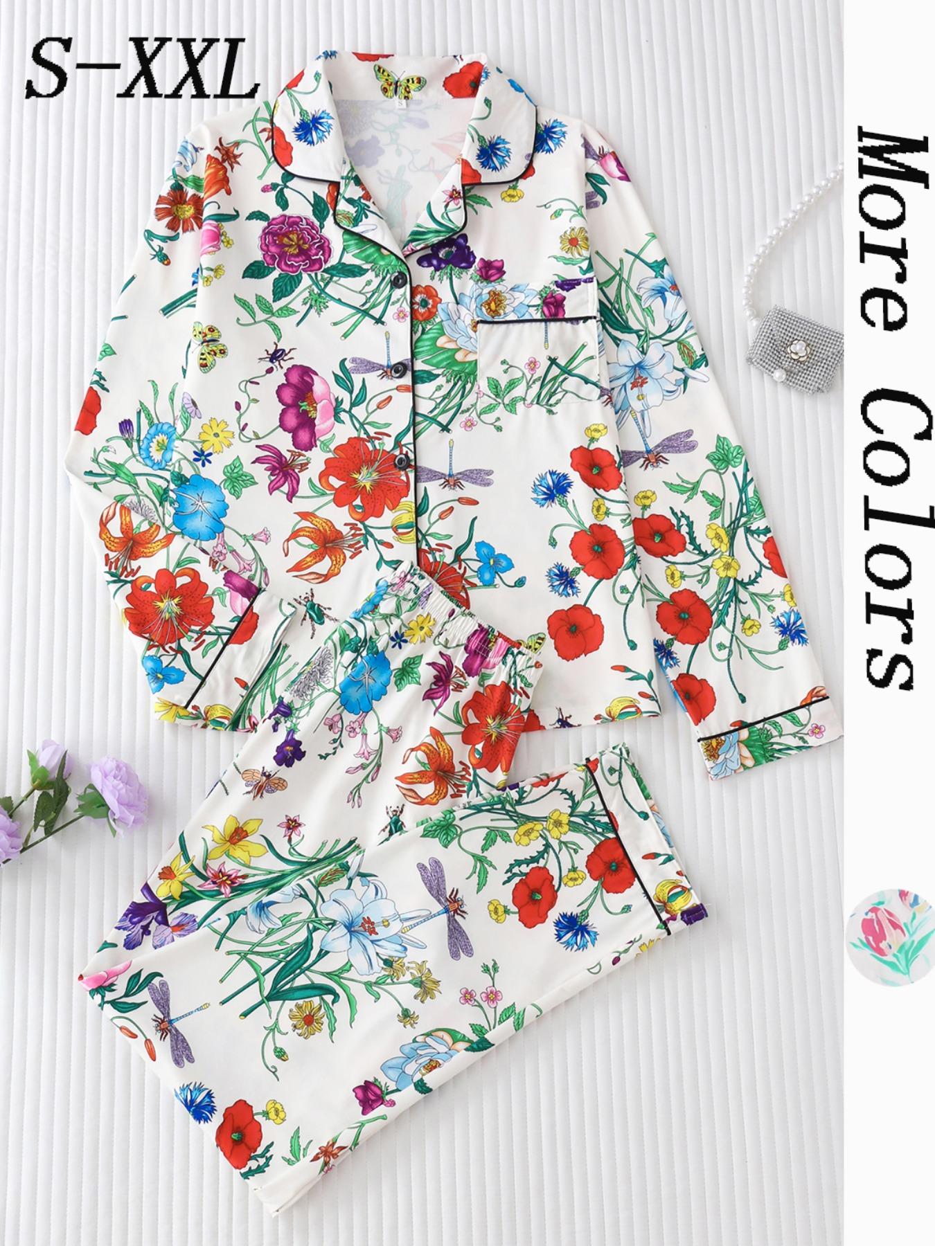 Women's All Over Floral Print Button Front Pocket Shirt & Elastic Waist Pants Pyjama Set, Casual Comfy Two-piece Pj Set, Ladies Sleepwear for All Seasons Pajama Set