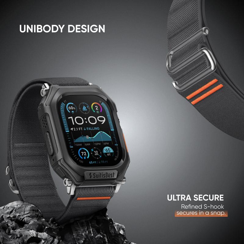 Rugged Case with Band for Apple Watch Ultra 49mm 46mm 45mm 44mm, [For 145-210mm wrists] Stretchy Nylon Solo Loop with Protective Cover TPU Bumper for iWatch Ultra Series 11 10 9 8 7 6 5 4 SE