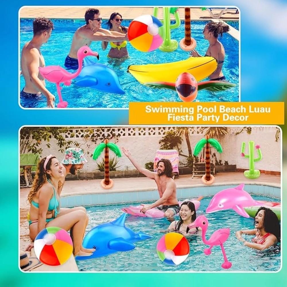 9-Piece Inflatable Hawaii Party Set, Includes Coconut Trees, Beach Balls, Parrot, Flamingo, Banana, Dolphin, Pump, for Beach Pool Adult Parties
