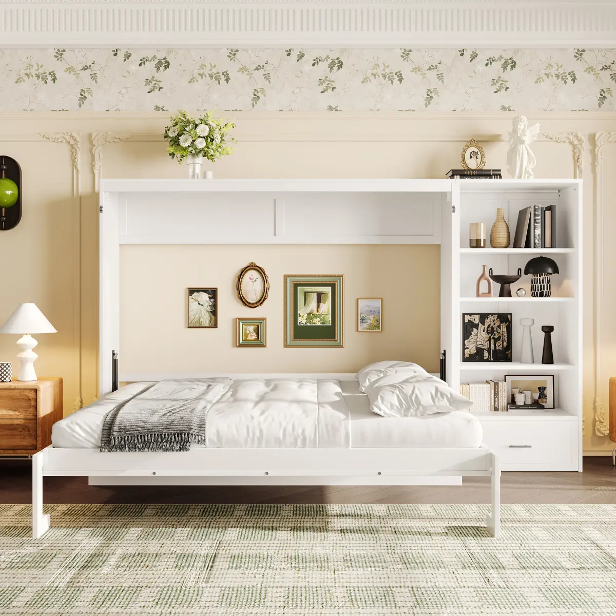 Queen Size Wall-Mount Wood Finish Murphy Bed - Height-Adjustable Storage Compartments, Shelf, 1 Drawer, Multifunctional Foldable Platform Bed for Bedroom, Guest Room