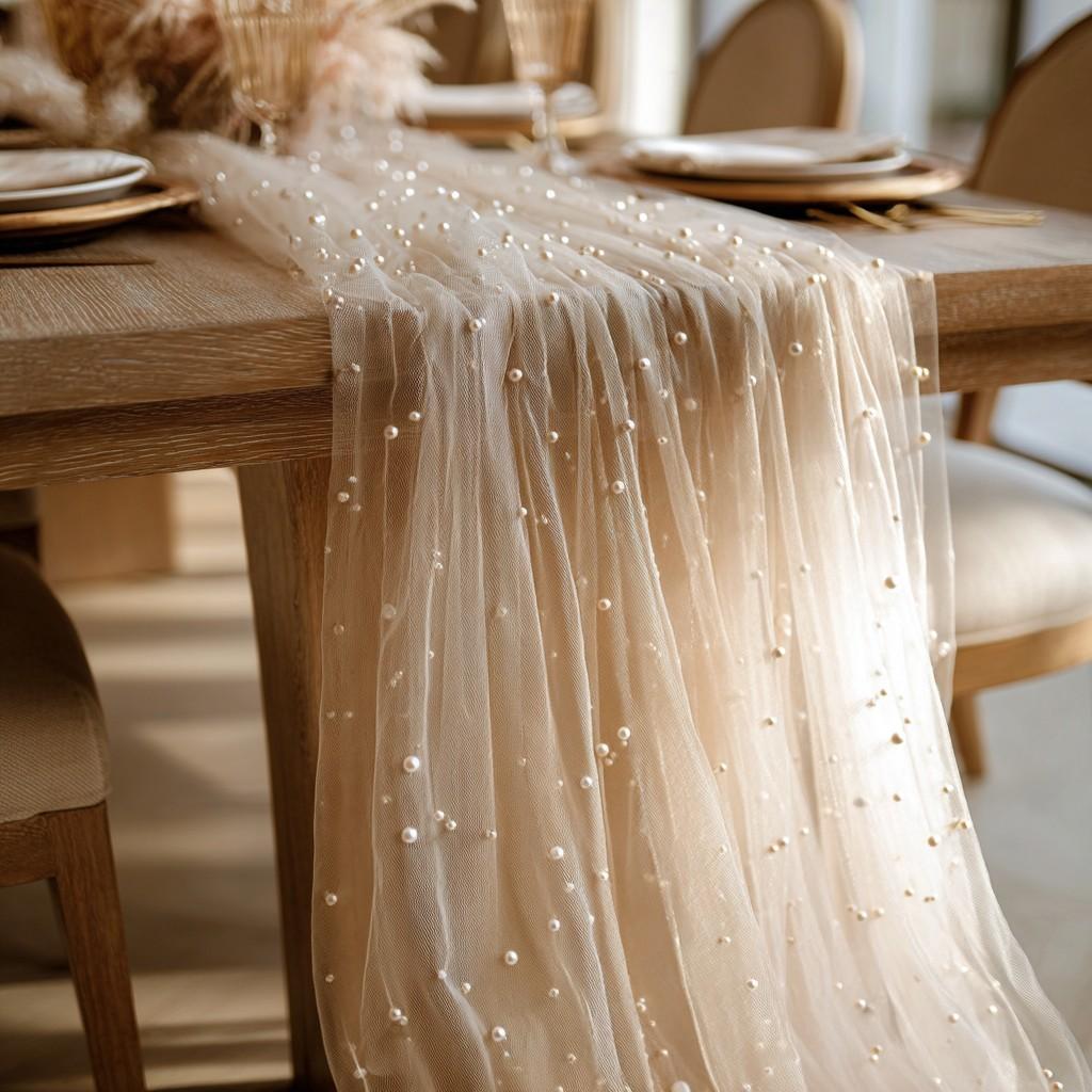 A 1/2/3-piece set of champagne-colored pearl tulle table runners, Sheer, suitable for romantic wedding venues and holiday party decorations.Adorn tables, arches, chair backs, and bridal veils, perfect for Valentine's Day and spring outdoor weddings