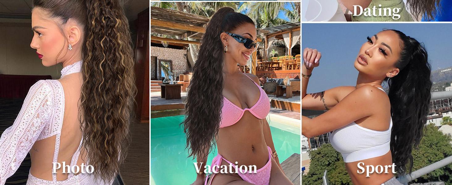 Isaic hair Clip-in Long Ponytail Hair Extensions Black Brown 30" Curly Pony Tail Clip in Hair Extensions for Women Fluffy Natural Looking Synthetic Hairpiece for Daily Use