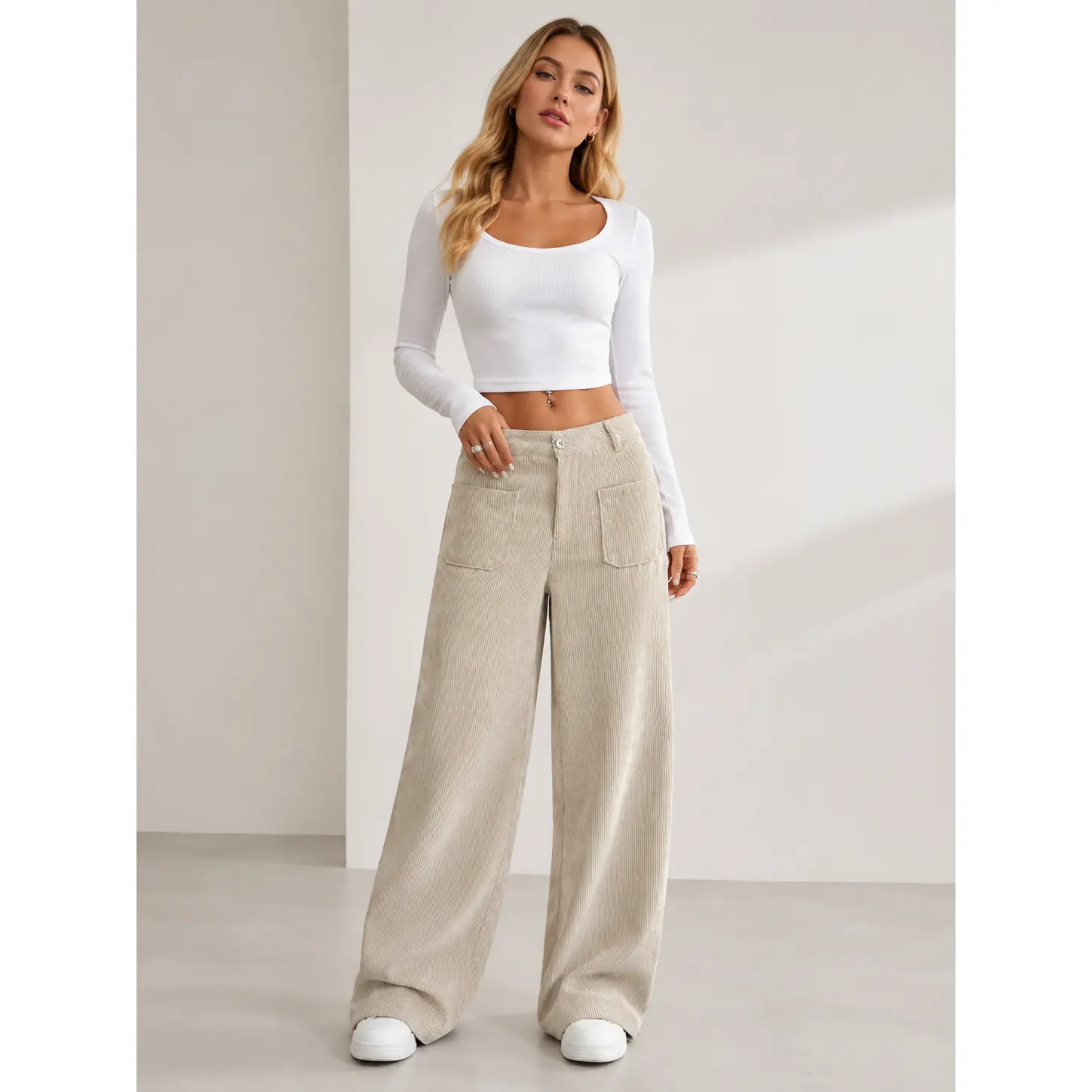 Women’s High-Rise Corduroy Joggers - Loose Wide-Leg Trousers with Utility Pockets, Minimalist Casual Wear, Full-Length, Junior Sizes for Travel & Daily Outfits