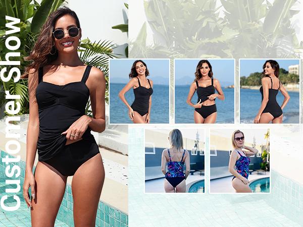 Holipick Two Piece Underwire Tankini Swimsuits for Women Tummy Control Tankini Top Bandeau Bathing Suits with Bottom
