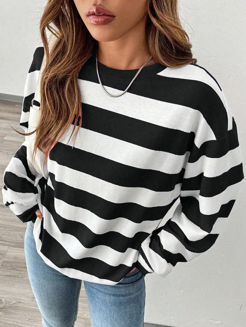 Women's Loose-Fit Striped Round Neck T-Shirt, Casual Comfort Top for Fall & Winter