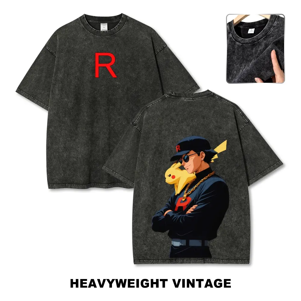 Unisex Team Rocket Style Ash Ketchum Trainer Graphic Washed T-Shirt Personalized Pattern Y2k Clothing Round Neck Washed T-Shirt,Women's Clothing 100% Cotton, Menswear, Top, Vintage Style,Summer Casual Oversized