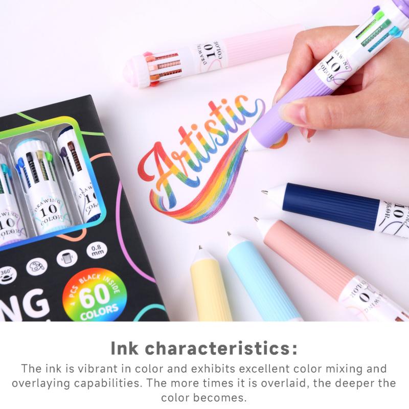 3/6 Pack Multicolor Pens, 28/60 Colors, 10-in-1 Colored Ballpoint Pen, Drawing Pens Set, 0.8mm Fine Point Smooth Writing, Retractable Ballpoint Pens for Office School Students Gifts, Colored Pens Set
