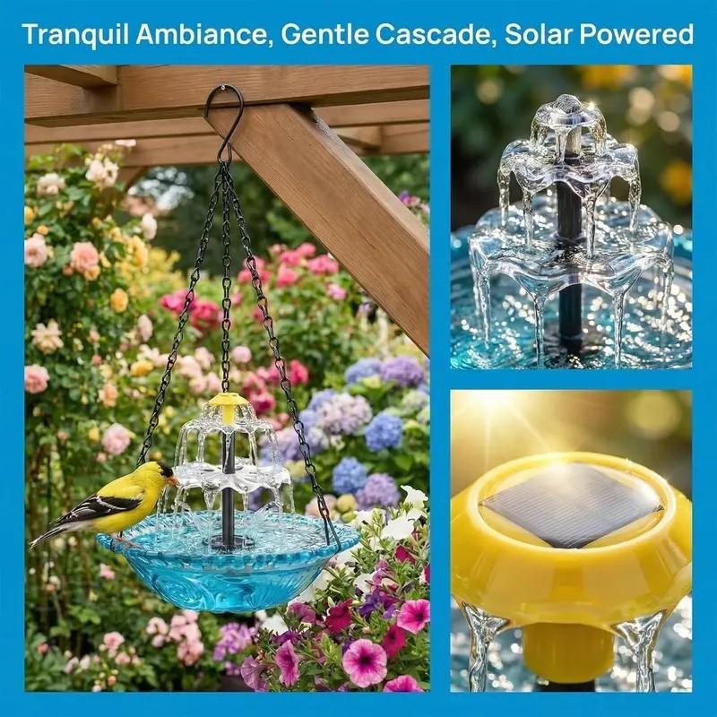 2026 Solar Cascade Hanging Bird Bath Fountain, a three-tier outdoor water feature for hummingbirds, easy to clean, Easy installation, with a 9.3-inch glass basin, equipped with a solar pump, attracting wild birds to the garden and terrace