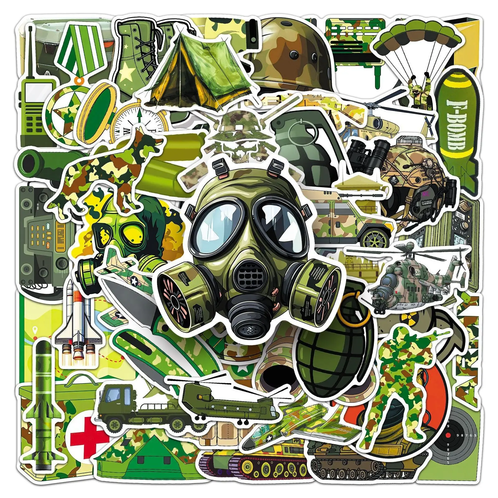50Pcs Military Gear Stickers, Cartoon Camouflage, Waterproof Decorative Stickers for Luggage and Notebooks, Cool Military Items