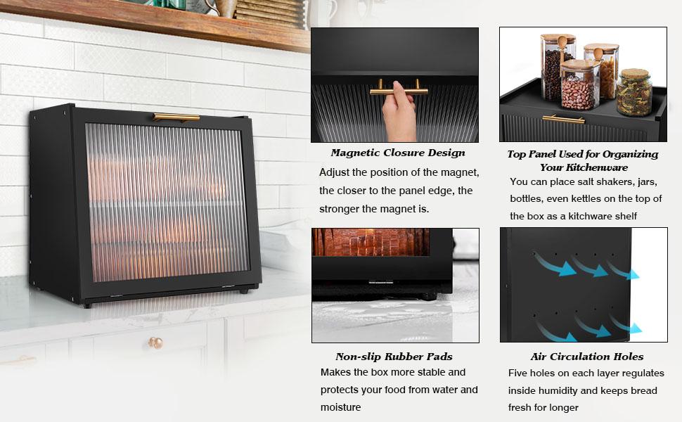 Double Layer Bamboo Bread Box for Kitchen Countertop, Bread Storage Container, Bread Box with Window, Large Capacity