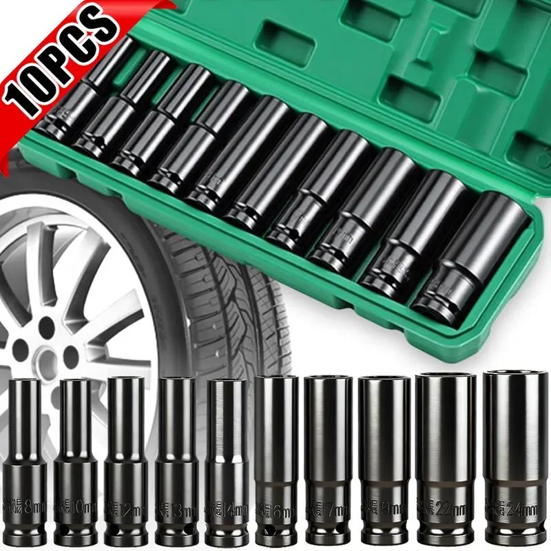 12 Drive Impact Socket Set, 10 Sockets and Driver Tool Kit, Standard Metric Size (8-24mm) Mechanics Tool Kit Socket Kit Metric Drive Socket Wrench Set with Plastic Tool Case
