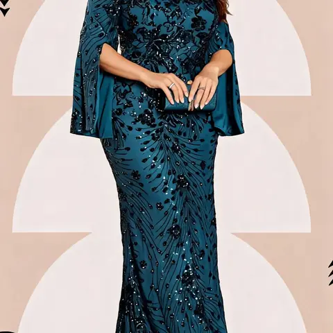 【Plus Size】 Embroidery Sequins Open Abaya Dress, Elegant Ditsy Floral Print Batwing Sleeve Formal Maxi Dress for Evening Party, Women's Plus Clothing for Spring & Fall