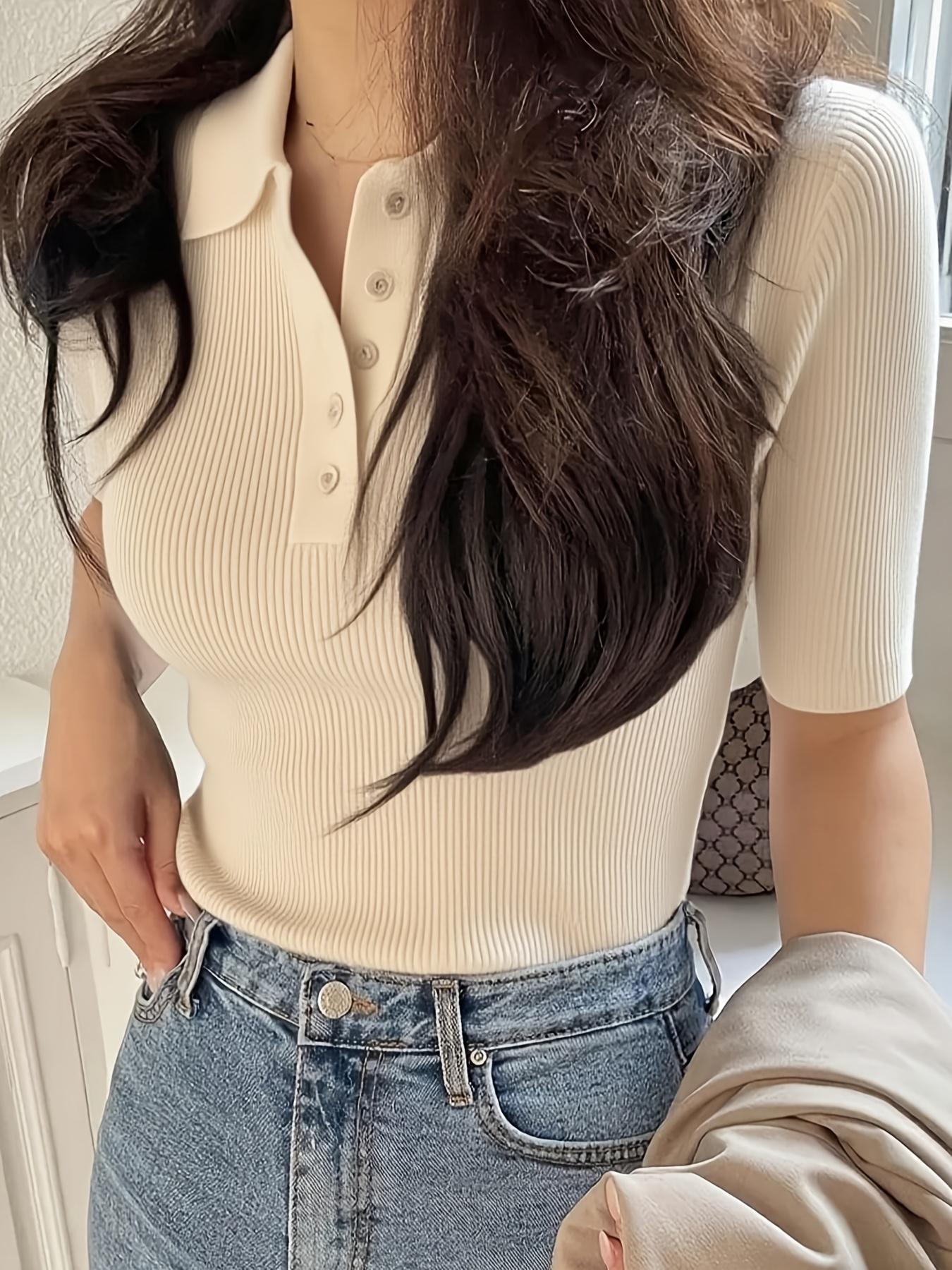 Women's High Stretch Shirt, Solid Color Short Sleeve Button Neck Top, Casual Regular Fit, All Season Essential, Daily Fashion, Spring