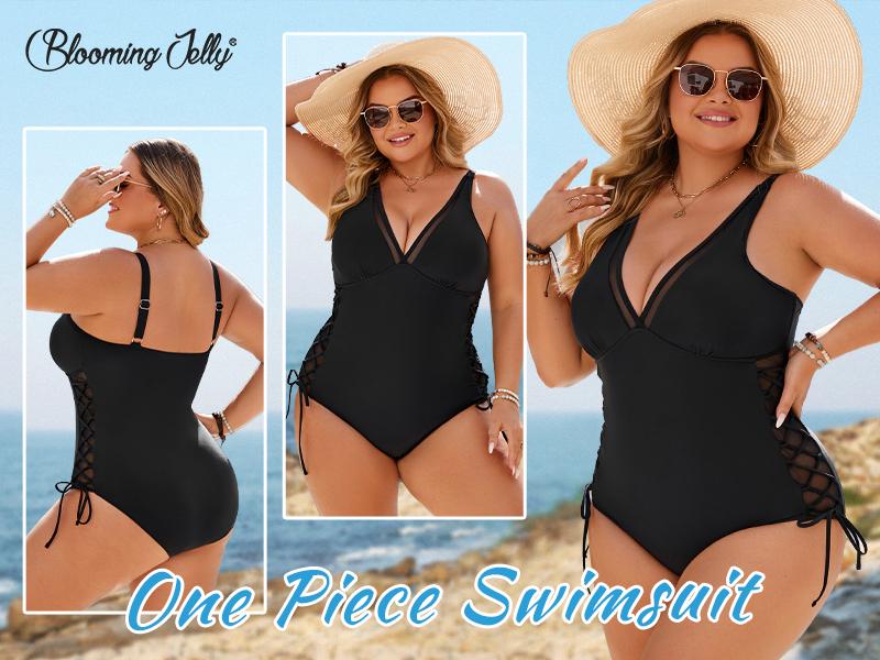 Blooming Jelly Sexy Mesh Swimsuit with Side Straps Women Tummy Control Slimming One Piece Swimwear