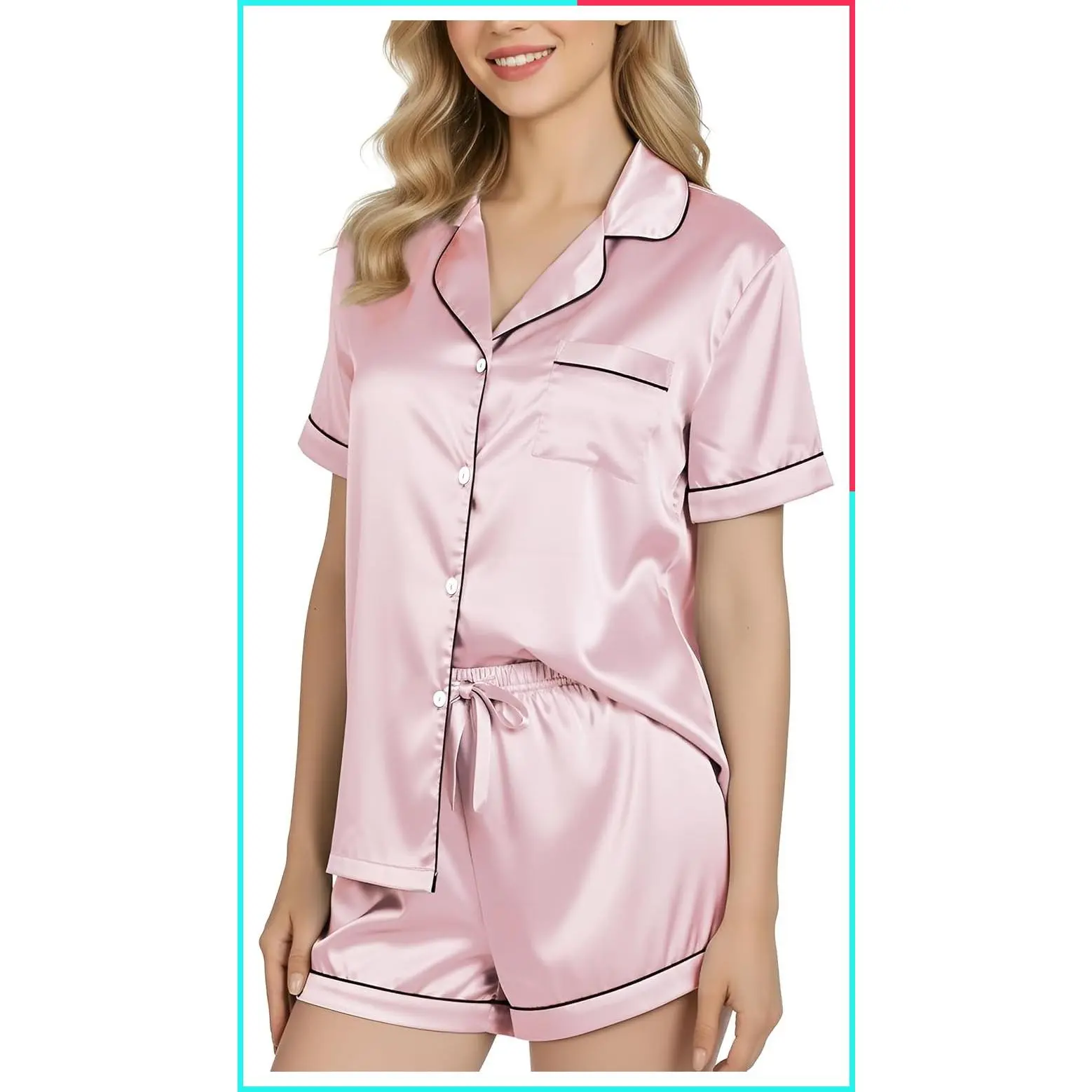 Women's Silk Satin Pajamas Set with Top and Shorts, 2-Piece