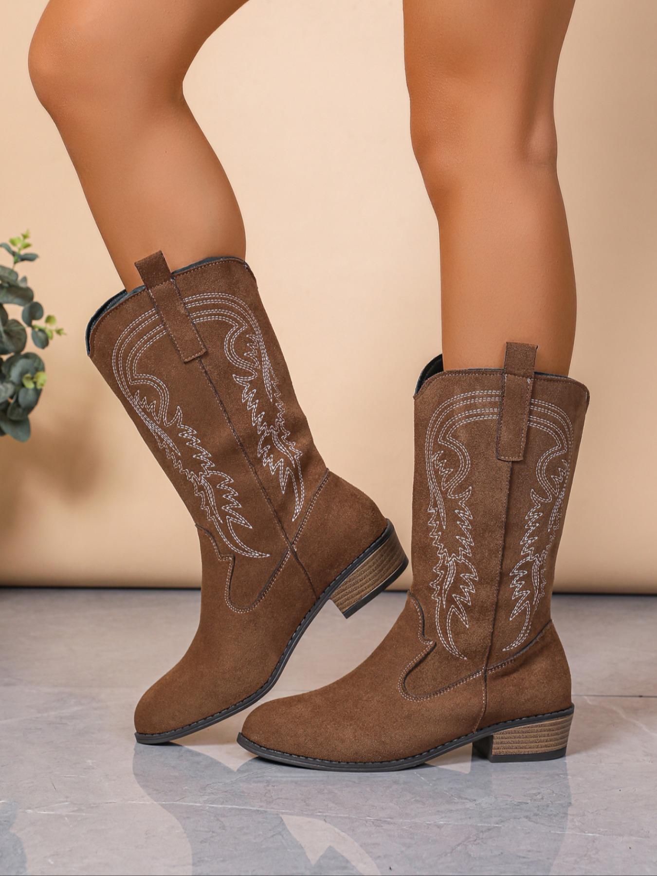 American Vintage Style Classic Western Embroidered Mid-Calf Boots, PU Leather, Rubber Sole, Fashion Winter Shoes, Slimming Effect