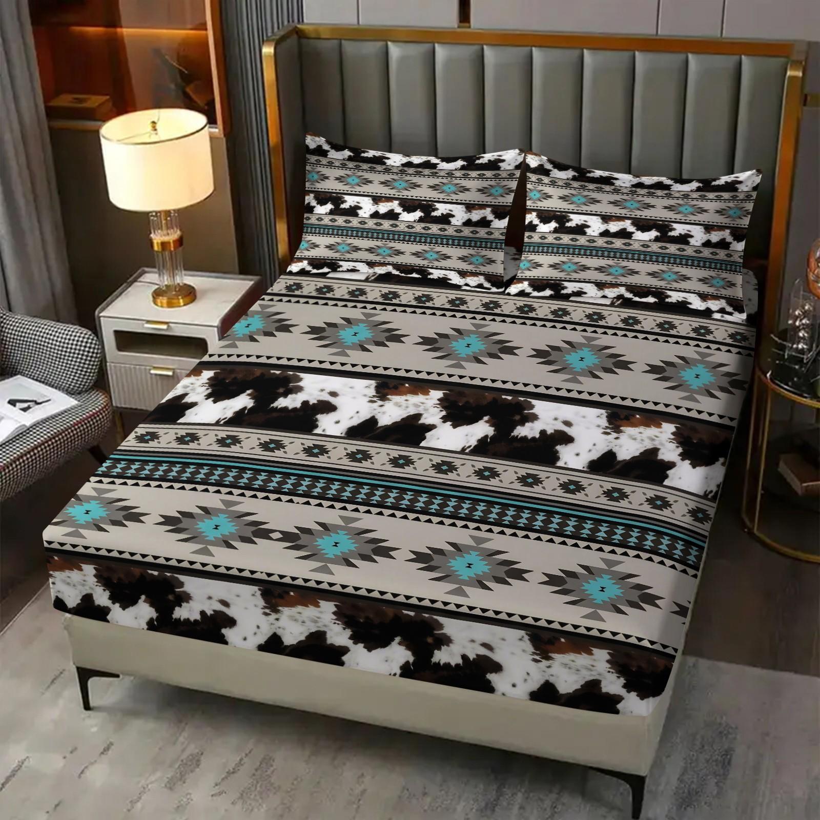 3Pcs Western Aztec Cow Print Fitted Sheet Set with 2 Pillowcases, Southwestern Turquoise Geometric Deep Pocket Elastic Mattress Cover, Boho Cowhide Tribal Bedding, Soft Microfiber Non-slip Bedspread, Printed Bedding Set for Bedroom Decor Bedset