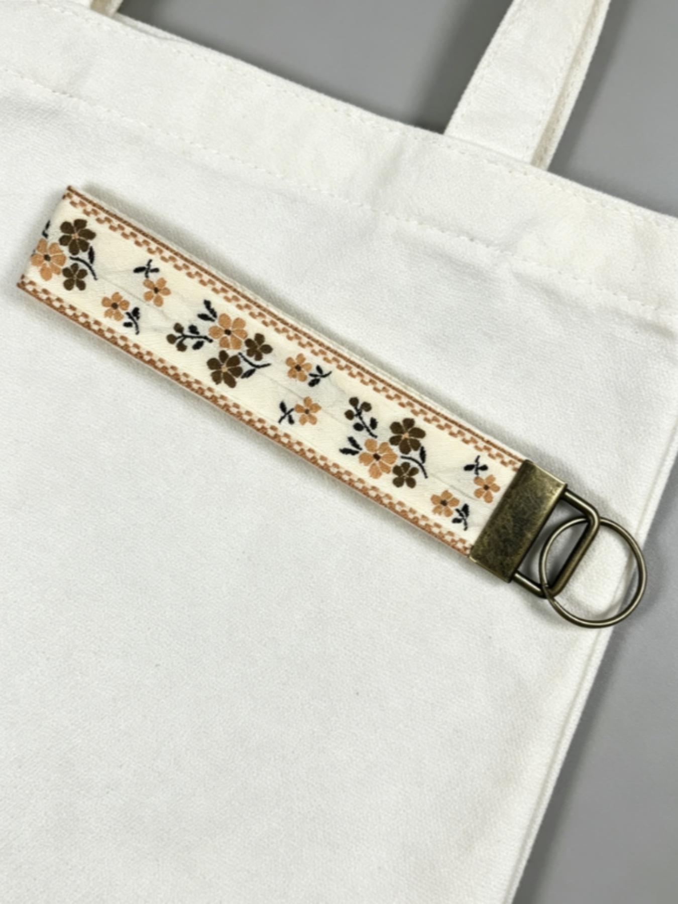 1 Embroidered Fabric Wristlet Keychain for Women, Cute Wrist Key Chain with Metal Hardware